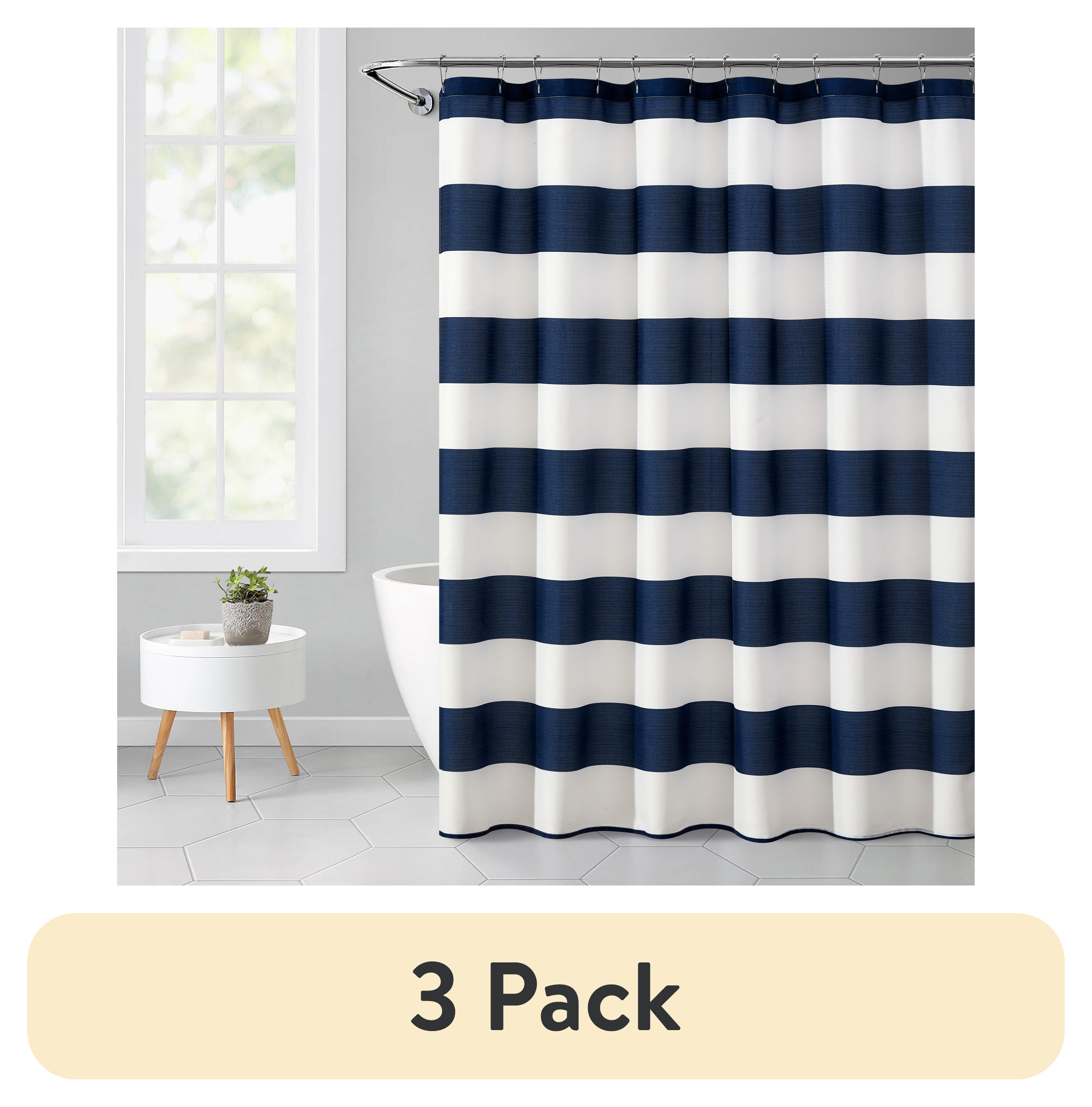 (3 pack) Mainstays Blue Cabana Striped Printed 72" x 72" Ribbed Textured Shower Curtain, Polyester