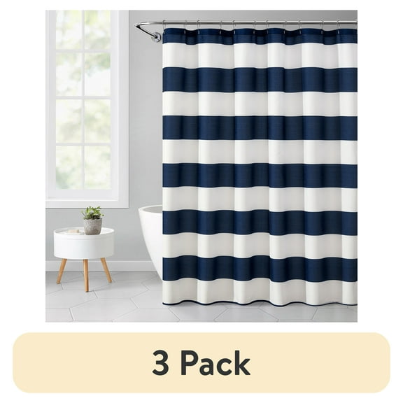 (3 pack) Mainstays Blue Cabana Striped Printed 72" x 72" Ribbed Textured Shower Curtain, Polyester