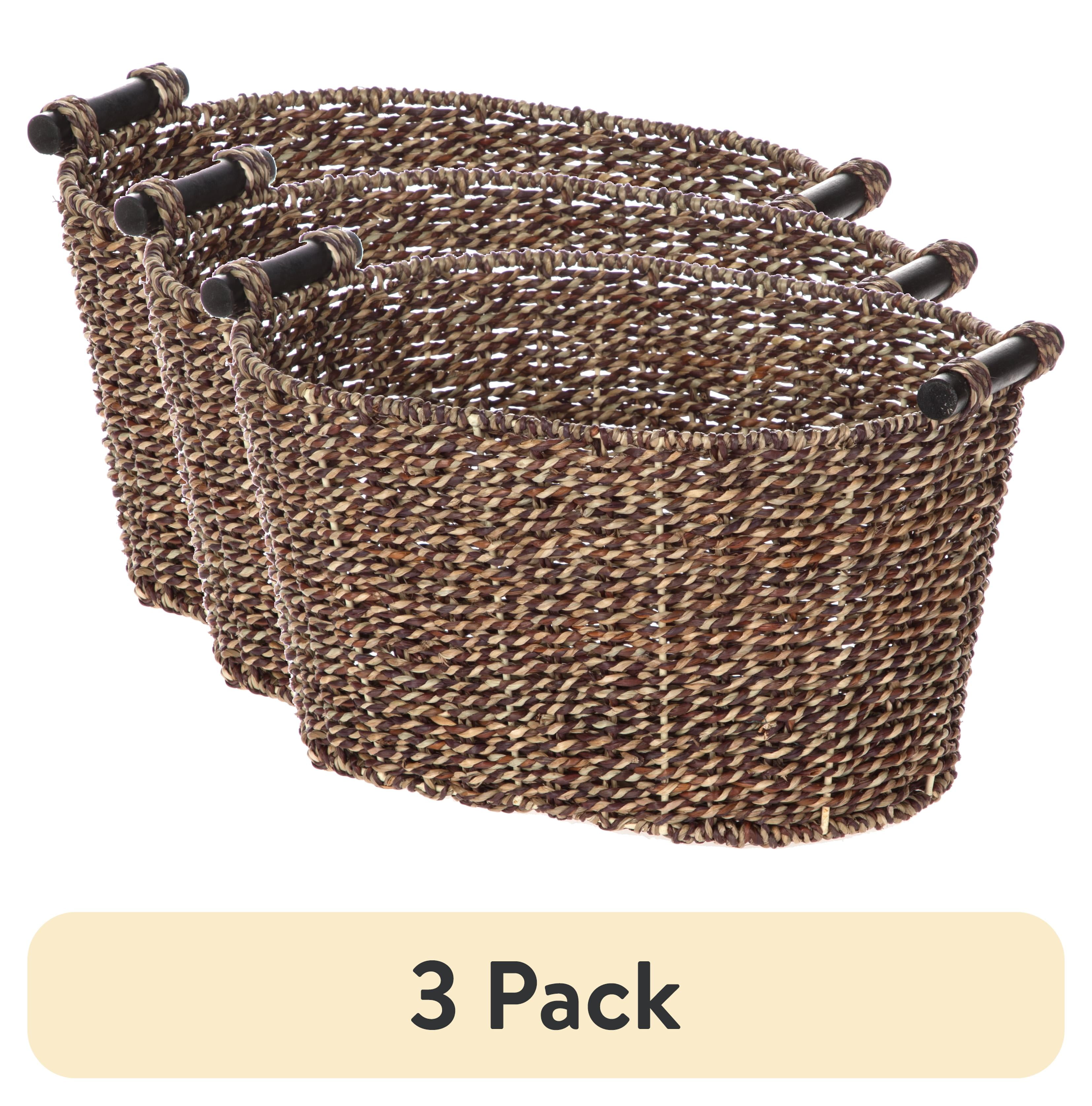 (3 pack) Mainstays Brown Oval 2-Hue Seagrass Storage Basket with Wooden Side Handles, 8.31 in x 10 in x 14.31 in