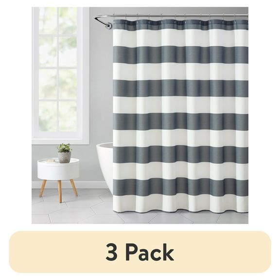 (3 pack) Mainstays Cabana Striped Printed, Gray, 72" x 72", Ribbed Textured Shower Curtain, Polyester