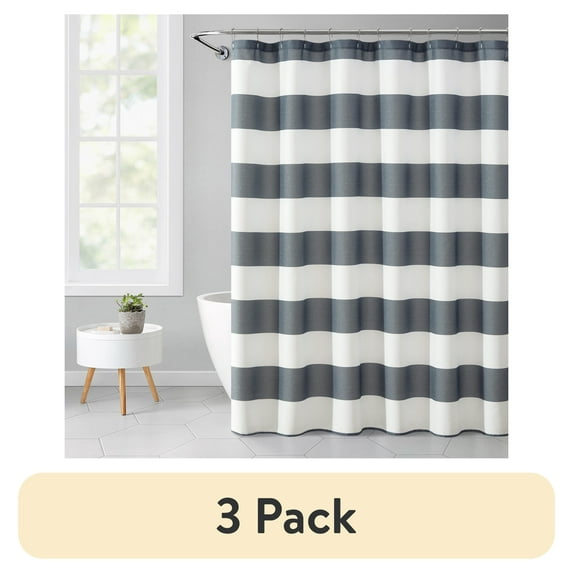 (3 pack) Mainstays Cabana Striped Printed, Gray, 72" x 72", Ribbed Textured Shower Curtain, Polyester