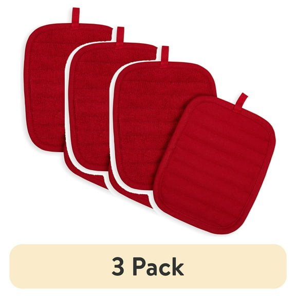 (3 pack) Mainstays Cotton Pot Holders, 2 Piece, 7 in x 9 in, Red