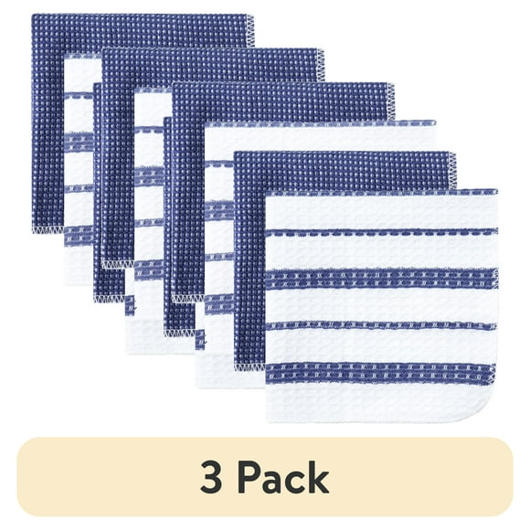 (3 pack) Mainstays Cotton Waffle Dishcloth, Blue & White Striped, 4 Piece, 12 in x 12 in