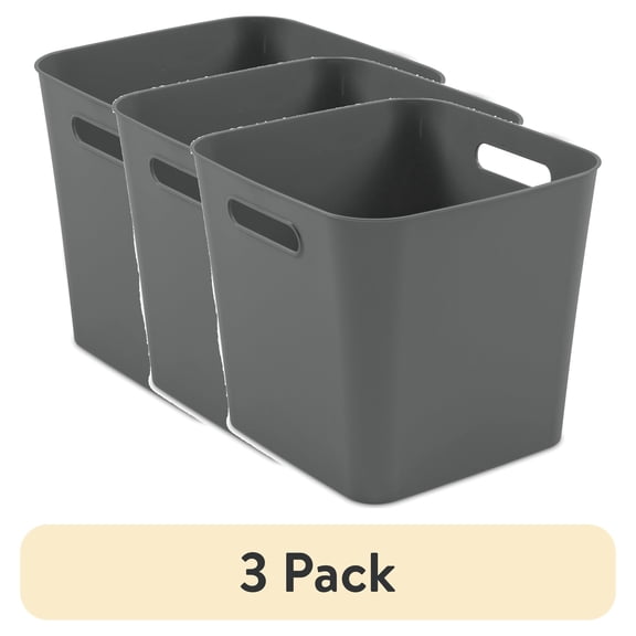 (3 pack) Mainstays Cube Bin, Open Plastic Storage Containers, Versatile Stylish Organizers with Handles, Gray Flannel