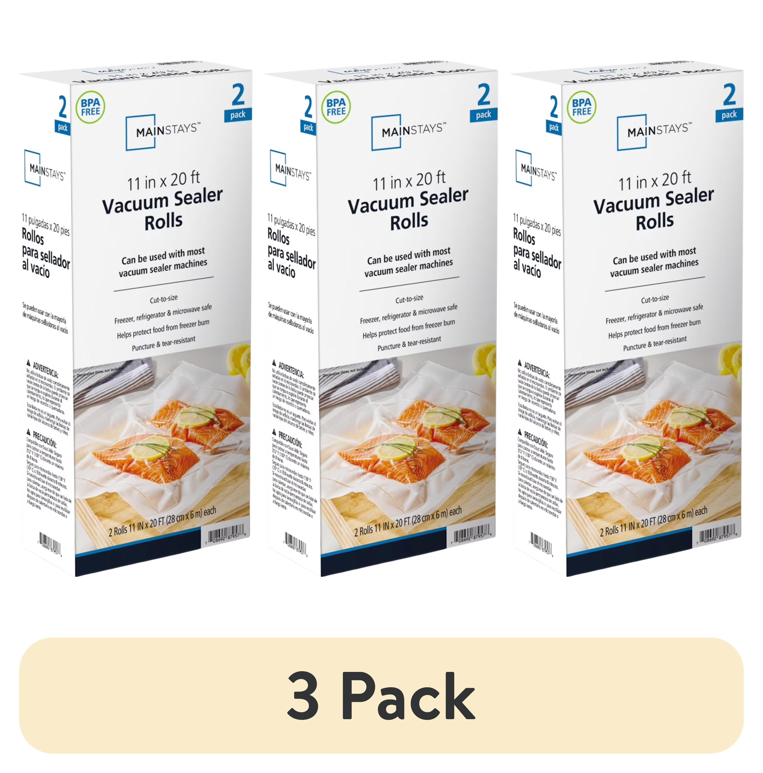 (3 pack) Mainstays 11" x 20" Vacuum Sealer Bag Rolls, 2-Count Vacuum Seal Rolls for Food Storage and Sous Vide, Works With All Brands Food Vacuum Sealer Machines, 40 Feet Total