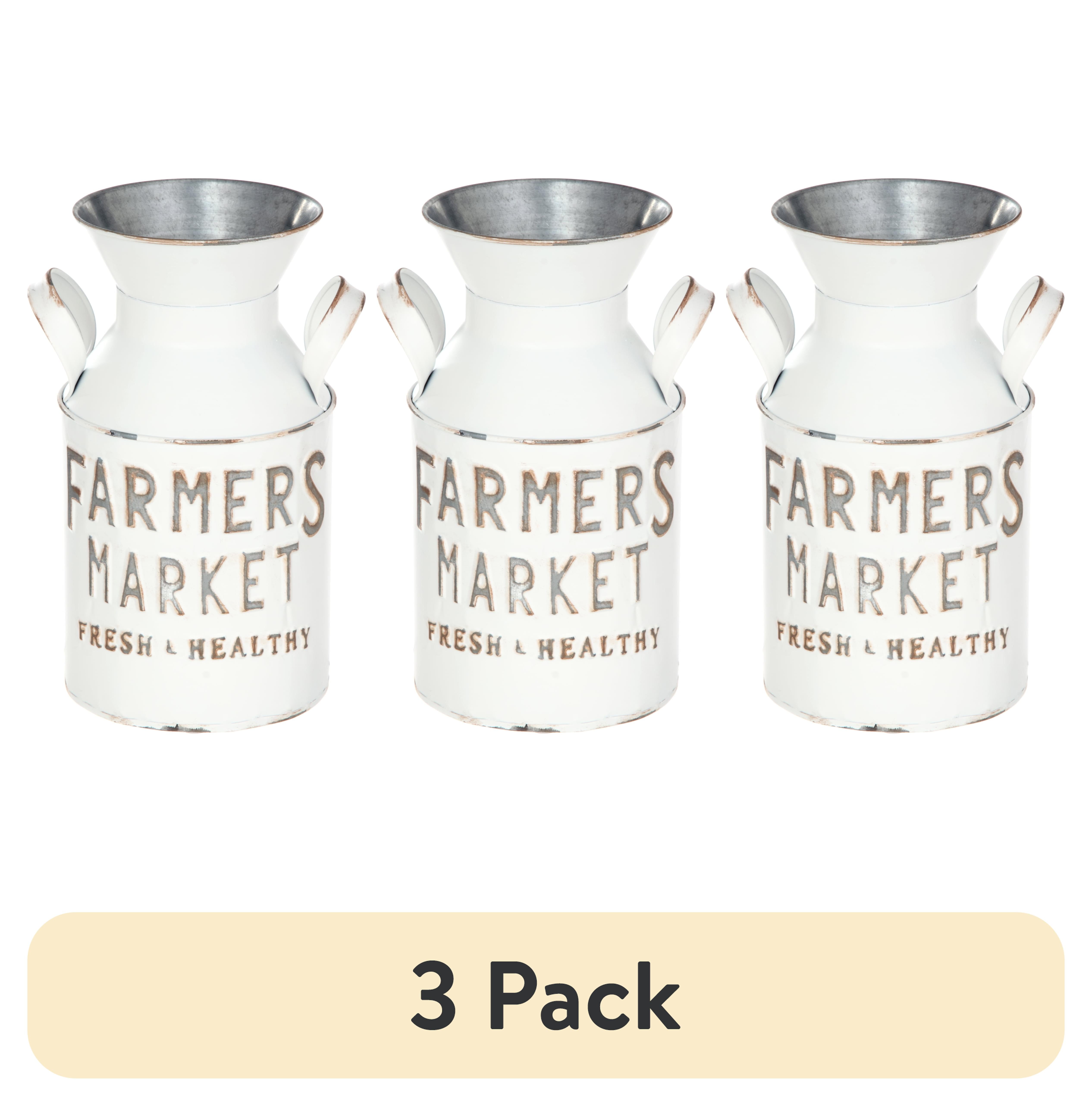 (3 pack) Mainstays Farmers Market Metal Milk Jug Décor with Handles, White, 10.4" H