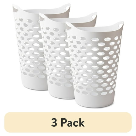 (3 pack) Mainstays Plastic Round Laundry Hamper, White, with Carrying Handles