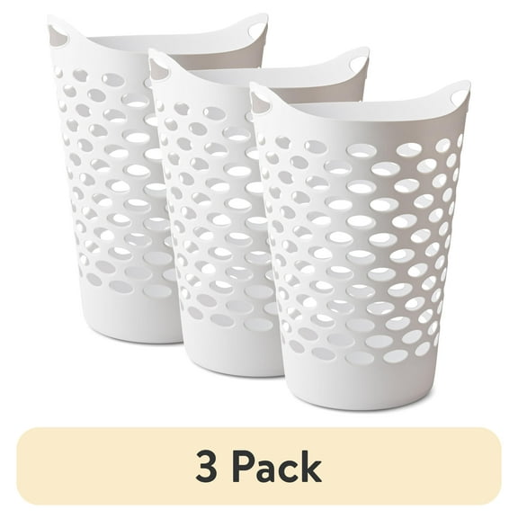 (3 pack) Mainstays Plastic Round Laundry Hamper, White, with Carrying Handles