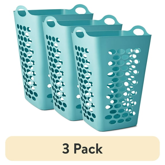 (3 pack) Mainstays 2 Bushel Flexible Square Laundry Hamper, Teal