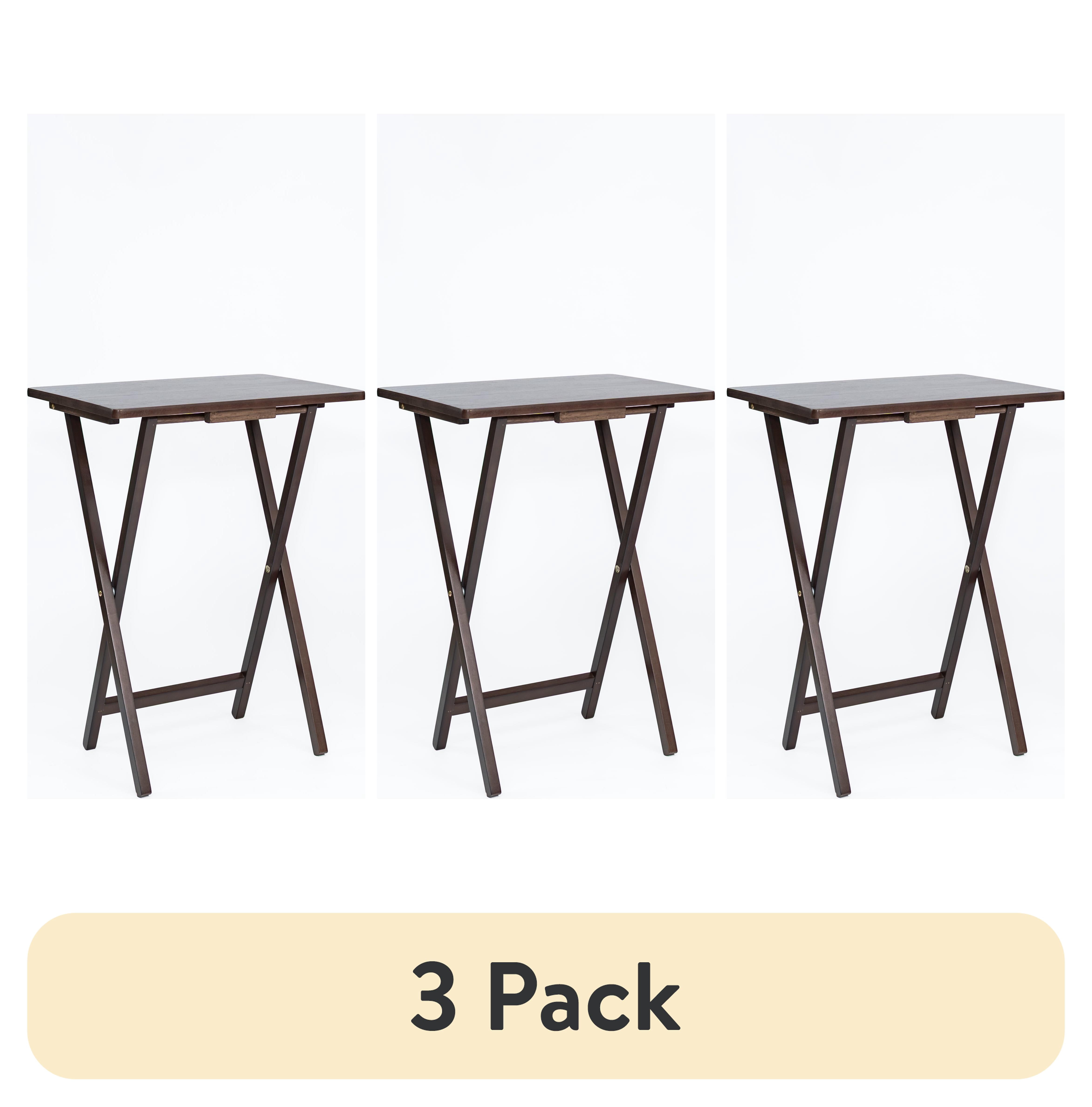 (3 pack) Mainstays TV Tray Table Set, 3-Piece with 2 Folding Rubberwood Trays and Storage Rack, Walnut