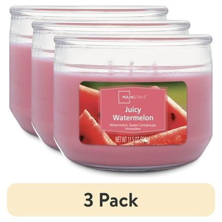 (3 pack) Mainstays Juicy Watermelon Scented 3-Wick Glass Jar Candle, 11.5 oz