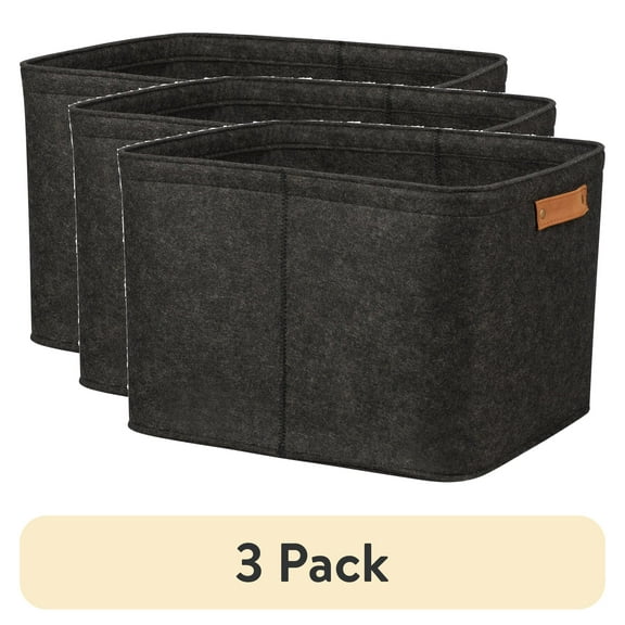 (3 pack) Mainstays Large Felt Storage Basket with Handles, Gray, 16.5" x 14" x 10.5"