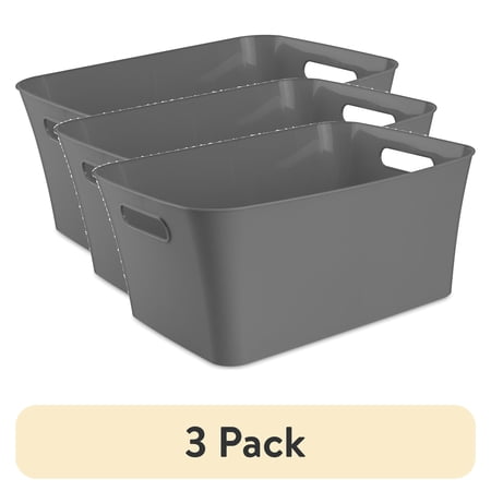 (3 pack) Mainstays Large Bin, Open Plastic Storage Containers, Versatile Stylish Organizers with Handles, Gray Flannel