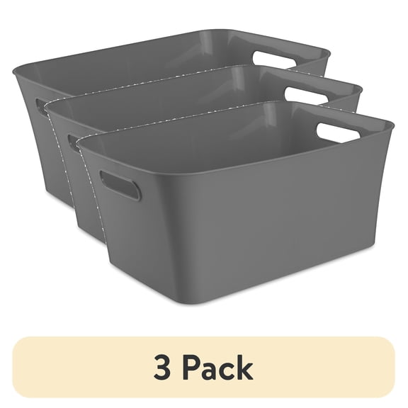 (3 pack) Mainstays Large Bin, Open Plastic Storage Containers, Versatile Stylish Organizers with Handles, Gray Flannel