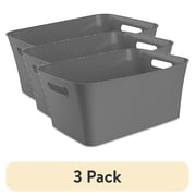 3 pack Mainstays Large Bin, Open Plastic Storage Containers, Versatile Stylish Organizers with Handles, Gray Flannel