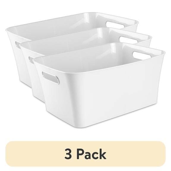 (3 pack) Mainstays Large Bin, Open Plastic Storage Containers, Versatile Stylish Organizers with Handles, White