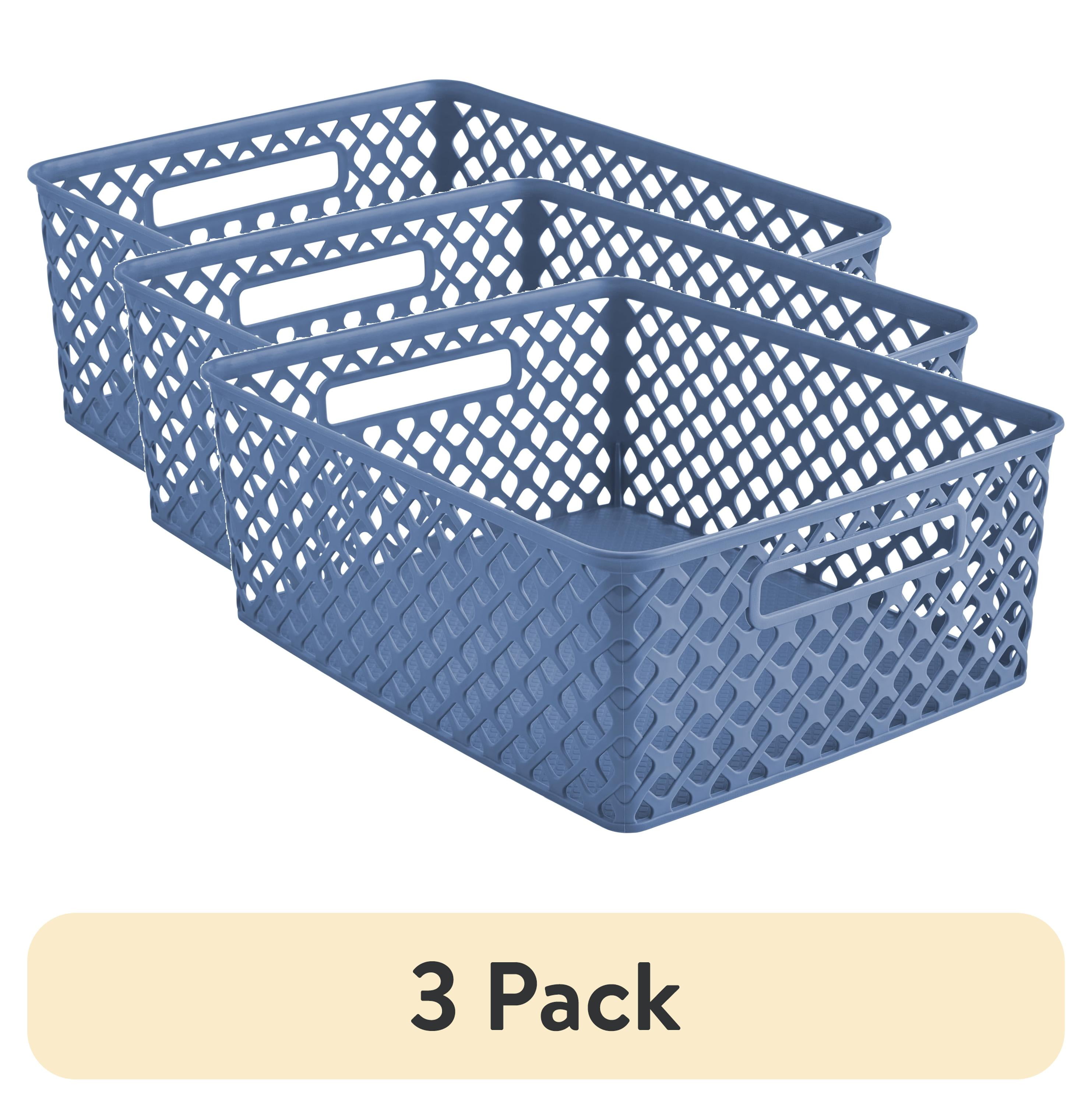 (3 pack) Mainstays Medium Blue Decorative Plastic Storage Basket, 14 in x 11.5 in x 5.3 in