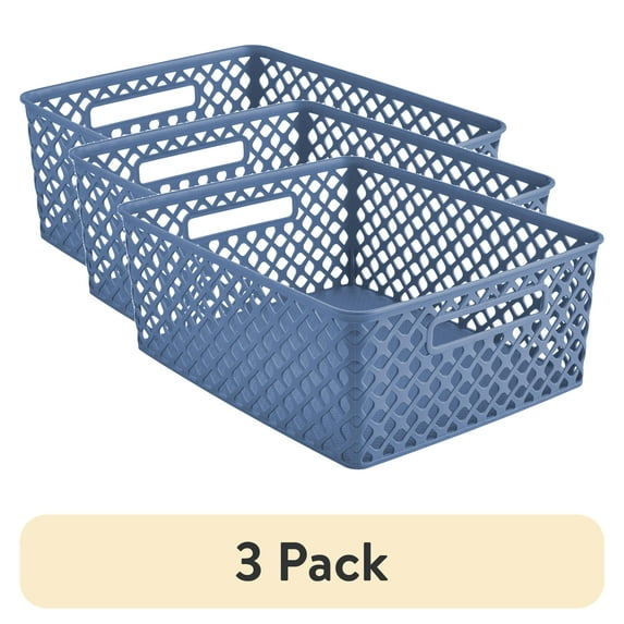(3 pack) Mainstays Medium Blue Decorative Plastic Storage Basket, 14 in x 11.5 in x 5.3 in