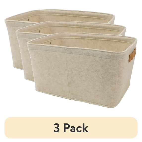 (3 pack) Mainstays Medium Felt Decorative Storage Basket with Faux Leather Handles, Oatmeal, 15 x 11.02 x 7.87 inches