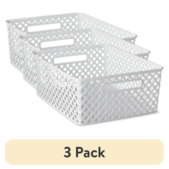 (3 pack) Mainstays Medium White Decorative Plastic Storage Basket, 14 in x 11.5 in x 5.3 in