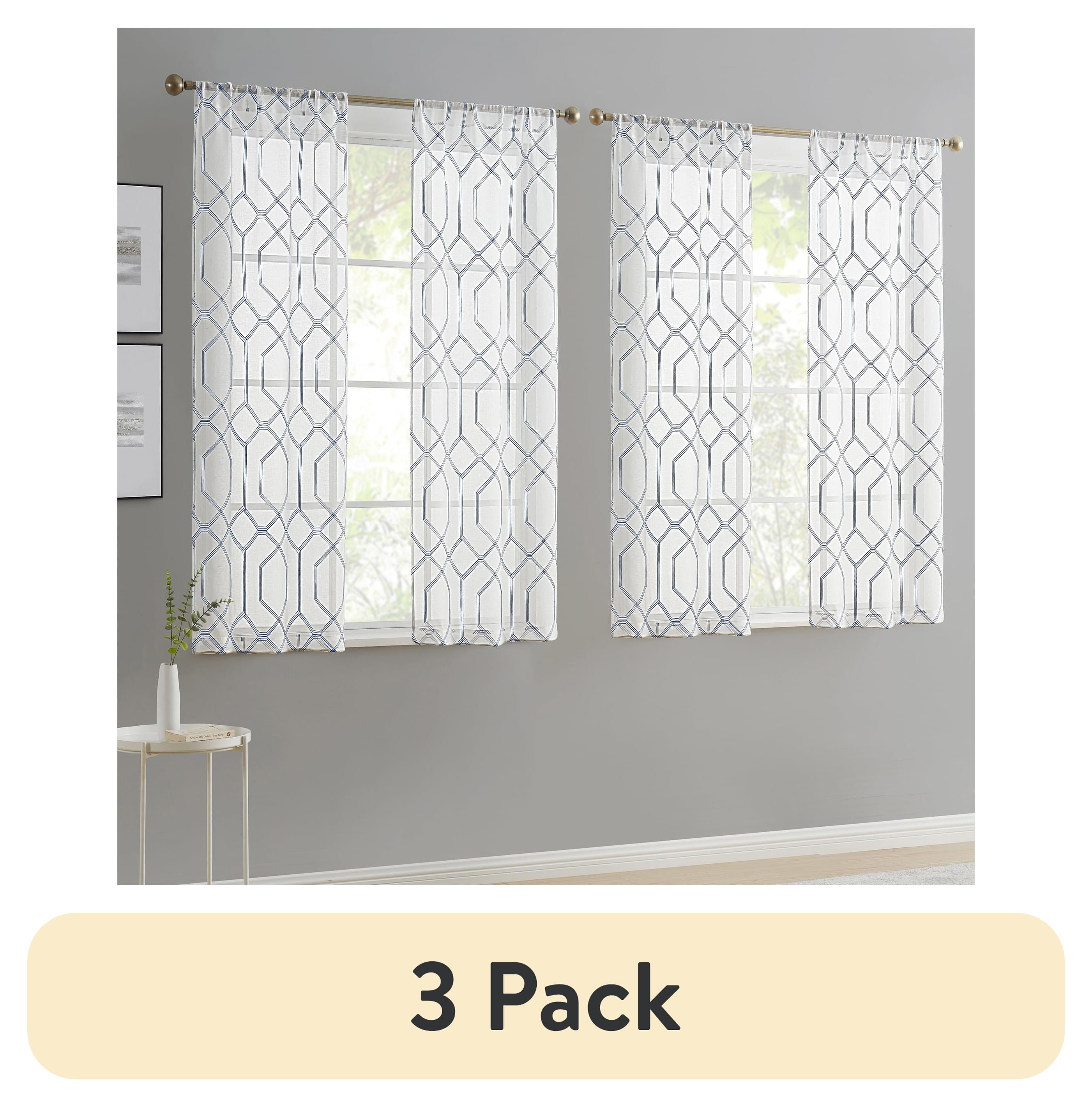 (3 pack) Mainstays Modern Geometric Embroidered Rod Pocket Sheer Curtains, Set of 4, Blue, 28" W x 63" L