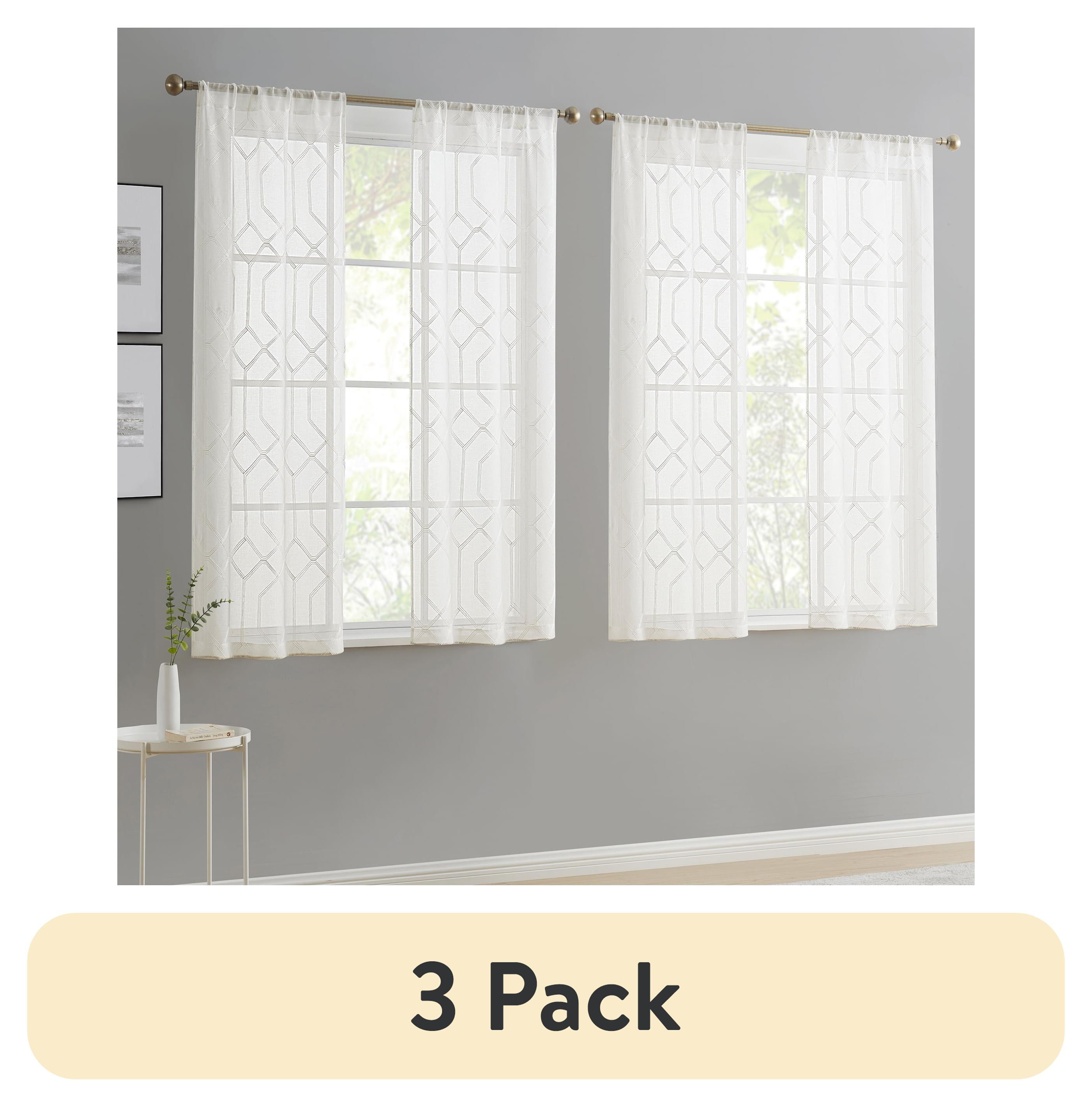 (3 pack) Mainstays Modern Geometric Embroidered Rod Pocket Sheer Curtains, Set of 4, White, 28" W x 63" L