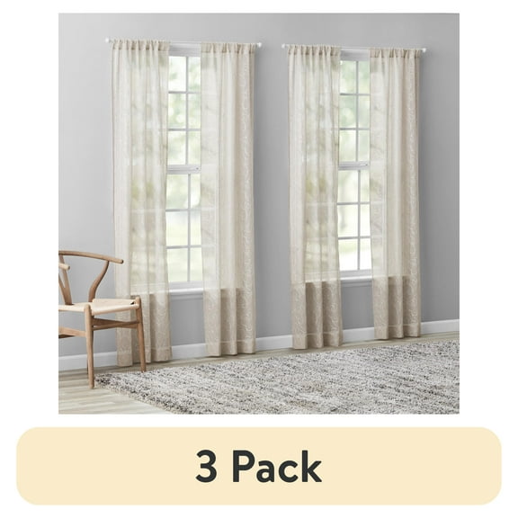 (3 pack) Mainstays Modern Scroll Rod Pocket Sheer Curtains, Set of 4, Beige, 28" W x 84" L
