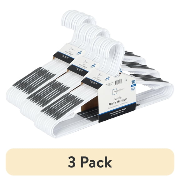 (3 pack) Mainstays Non-Slip Plastic Clothes Hangers, White, 10 Pack