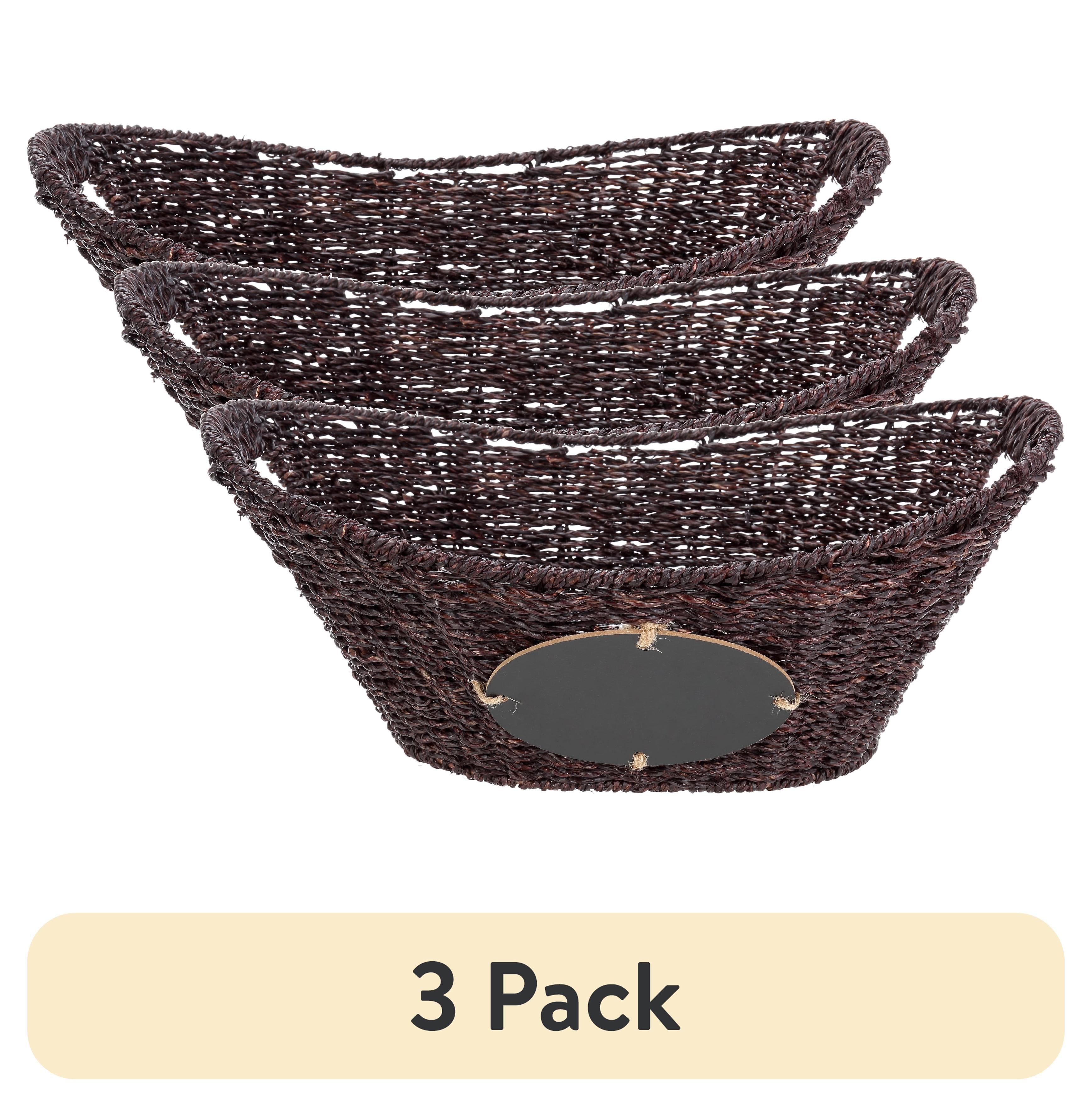 (3 pack) Mainstays Oval Dark Seagrass Storage Basket, Chalkboard, Cutout Handles, 15.94L x 12.01W x 6.61H