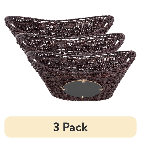 (3 pack) Mainstays Oval Dark Seagrass Storage Basket, Chalkboard, Cutout Handles, 15.94L x 12.01W x 6.61H