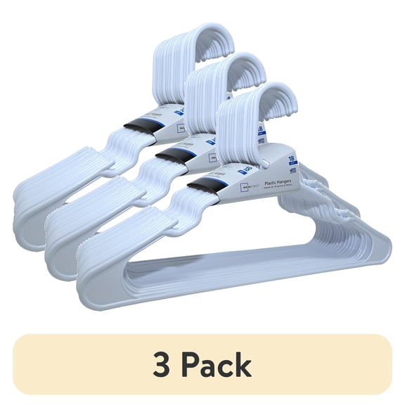 (3 pack) (3 pack) Mainstays Plastic Clothes Hangers, White, 18-Count, Lightweight & Durable for Everyday Use
