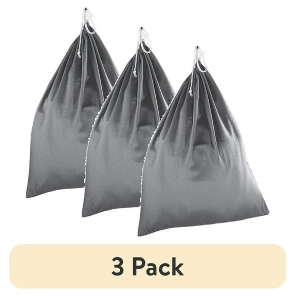 (3 pack) Mainstays Polyester and Cotton Laundry Bag, Durable Drawstring, For Clothing Transportation and Storage, Gray