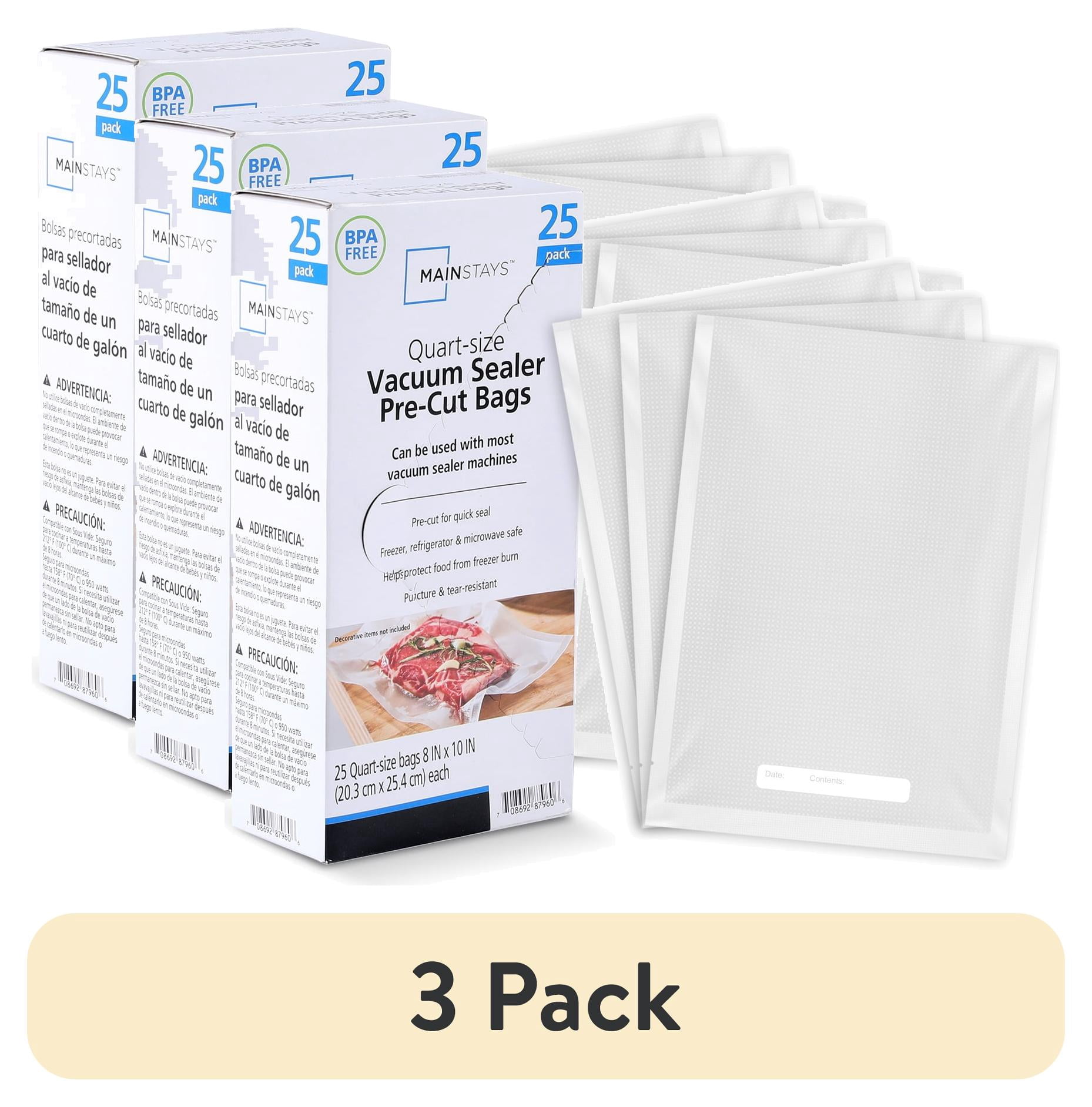 (3 pack) Mainstays Quart Vacuum Sealer Bags (8" x 12"), 25-Count BPA-Free Vacuum Seal Bags for Food Storage and Sous Vide, Works With All Brands Food Vacuum Sealer Machines