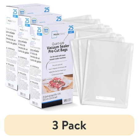 (3 pack) Mainstays Quart Vacuum Sealer Bags (8" x 12"), 25-Count BPA-Free Vacuum Seal Bags for Food Storage and Sous Vide, Works With All Brands Food Vacuum Sealer Machines