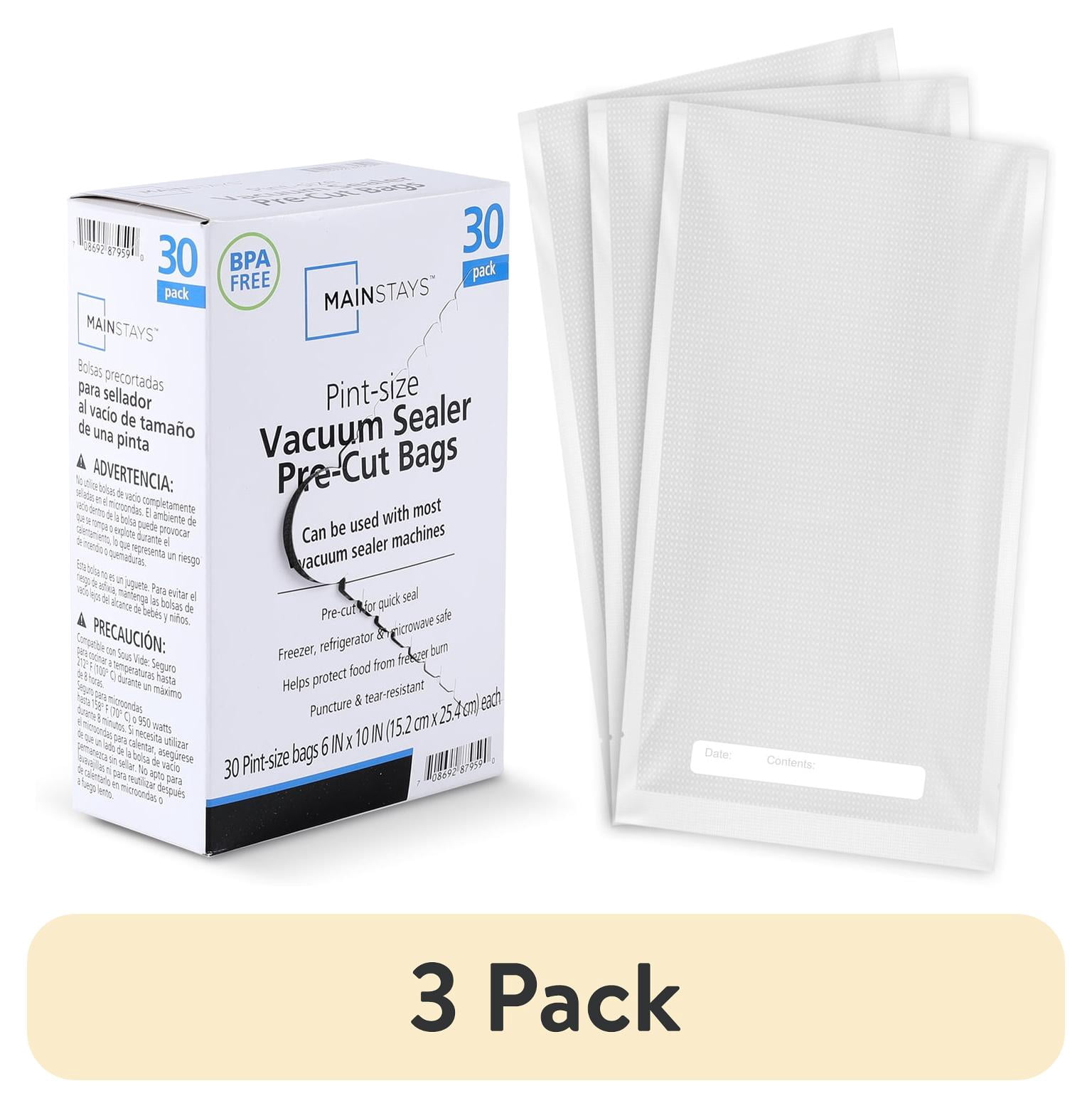 (3 pack) Mainstays Pint Vacuum Sealer Bags (6" x 10"), 30-Count BPA-Free Vacuum Seal Bags for Food Storage and Sous Vide, Works With All Brands Food Vacuum Sealer Machines