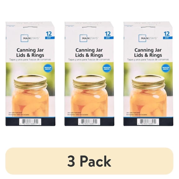 (3 pack) Mainstays 12-Pack Canning Jar Lids and Rings - Regular Mouth, Two-Piece Mason Jar Lids with Bands for Canning and Preserving, Fits All Brands Regular Mouth Mason Jars