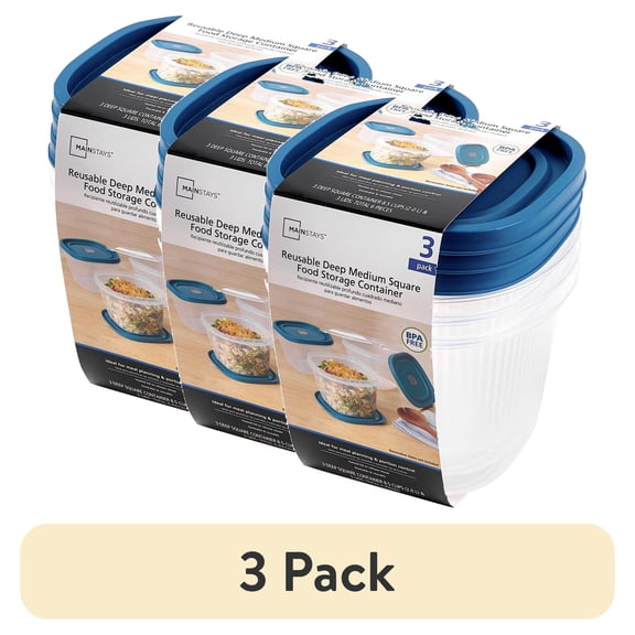 (3 pack) Mainstays Reusable Food Storage Container,  Deep Medium Square, Plastic , 3 Pack – 3 Containers with Lids, 8.5 Cups, Ideal for Meal Prep