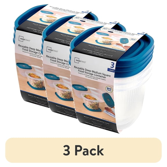 (3 pack) Mainstays Reusable Food Storage Container, Deep Medium Square, Plastic , 3 Pack – 3 Containers with Lids, 8.5 Cups, Ideal for Meal Prep