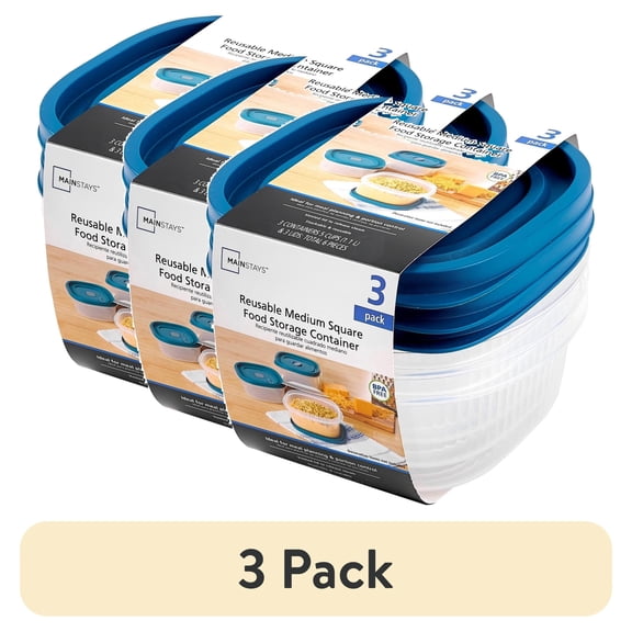 (3 pack) Mainstays Reusable Food Storage Container, Medium Square, Plastic, 3-Pack, 3 Containers with Lids, 5-Cup, Ideal for Meal Planning and Portion Control