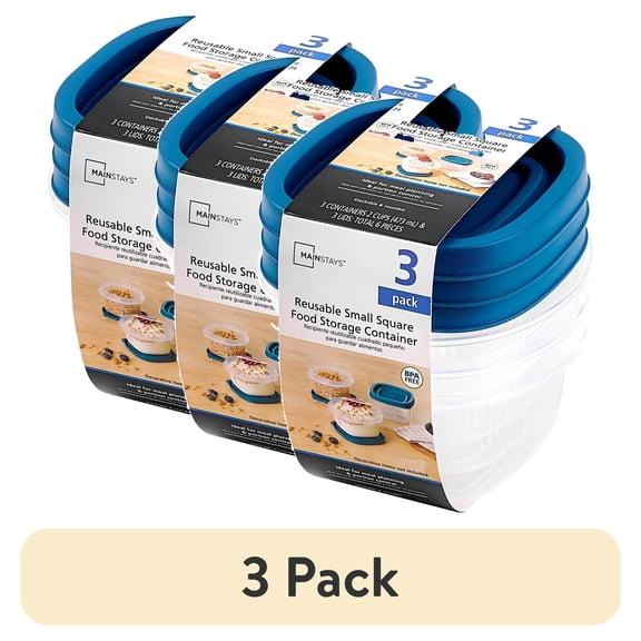 (3 pack) Mainstays Reusable Food Storage Container, Small Square, Plastic, 3-Pack, 3 Containers with Lids, 2 Cups, Ideal for Snacks and Fresh Ingredients