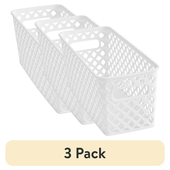 (3 pack) Mainstays Narrow White Decorative Plastic Storage Basket, 13.6 in x 5.5 in x 5.1 in