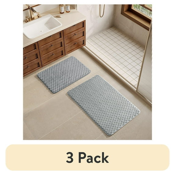 (3 pack) Mainstays Soft Silver Plush Tile Bubble Bath Rug Set, 2-Piece