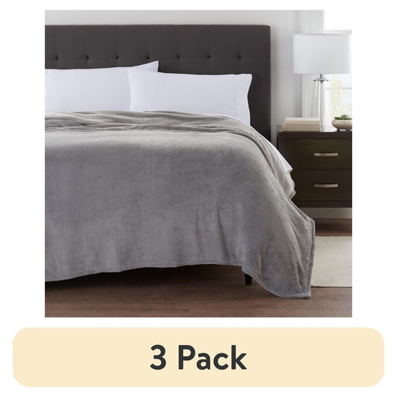 (3 pack) Mainstays Super Soft Plush Blanket, Light Grey, King