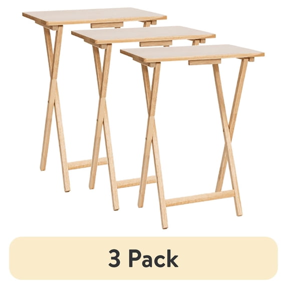 (3 pack) Mainstays TV Tray Table Set, 3-Piece with 2 Folding Rubberwood Trays and Storage Rack, Natural