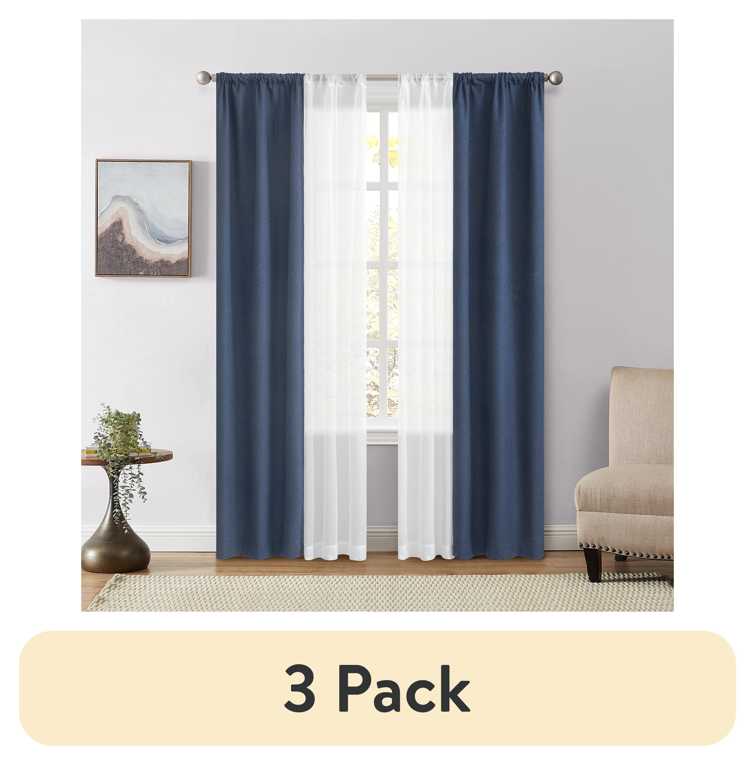 (3 pack) Mainstays Solid Twill Blackout Curtain and Sheer Set, 4 Pieces, Blue Cove, 27.5 in x 84 in