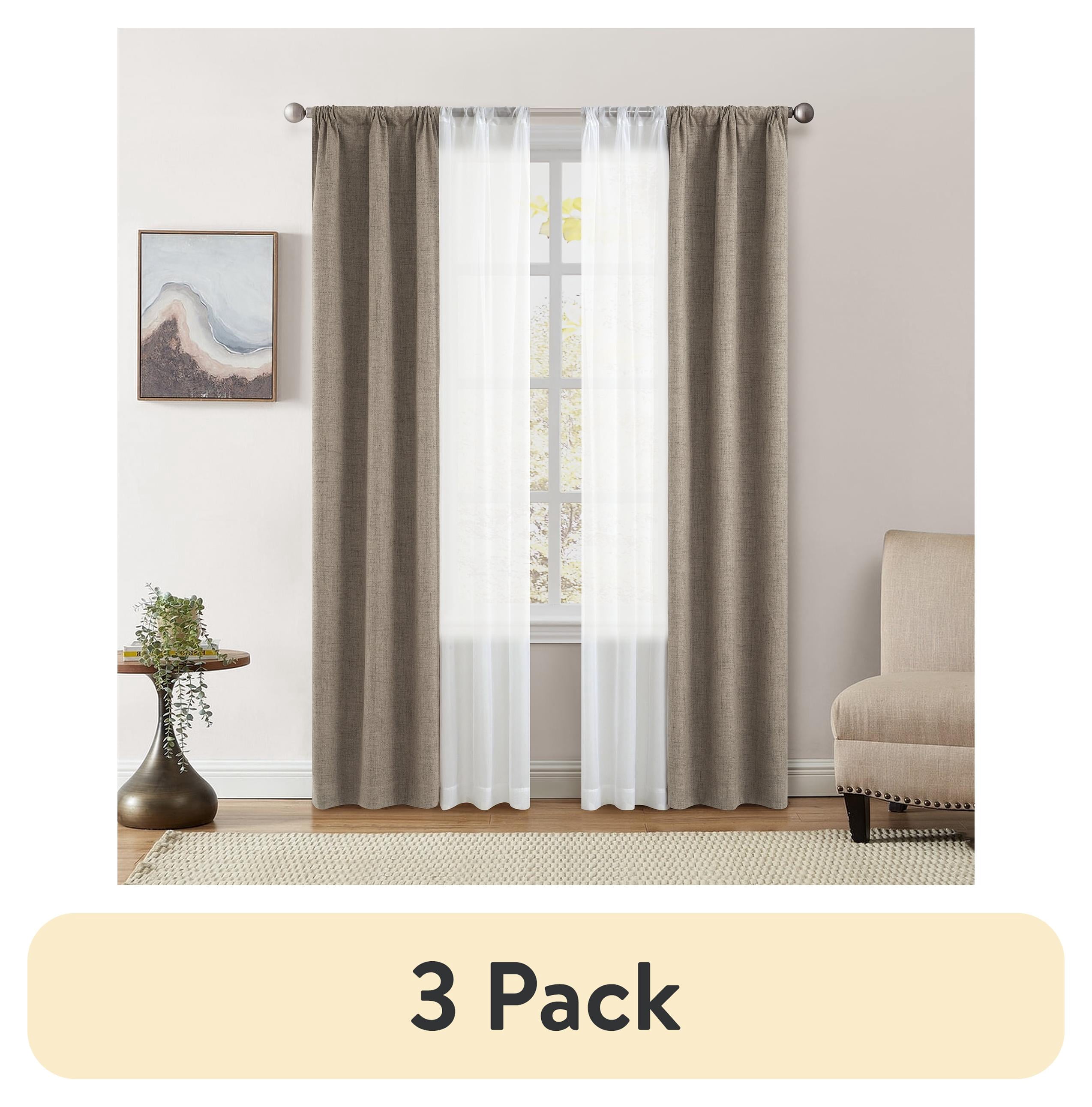 (3 pack) Mainstays Solid Twill Blackout Curtain Panel and Sheers, Set of 4, Brown Bag, 27.5" W x 84" L