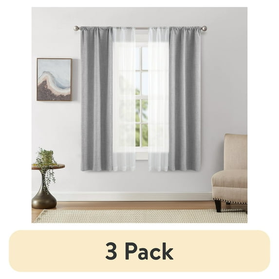 (3 pack) Mainstays Solid Twill Blackout Curtain Panel and Sheers, Set of 4, Soft Silver, 27.5" W x 63" L