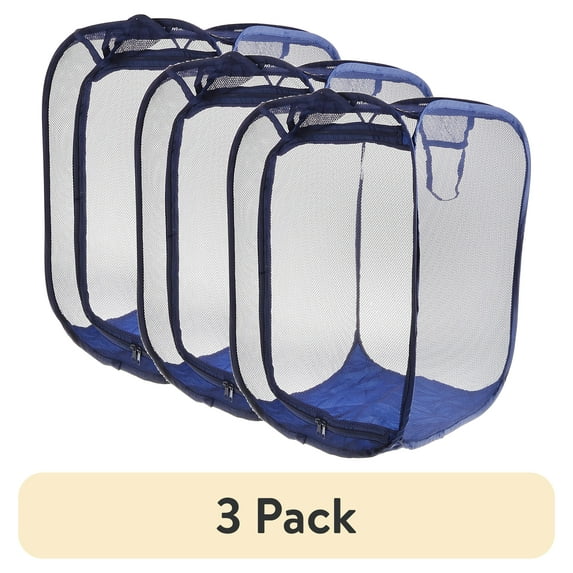 (3 pack) Mainstays Two Way Pop-up Mesh Laundry Hamper for Bedroom, Dorms, and Laundry Room, Blue, All Ages