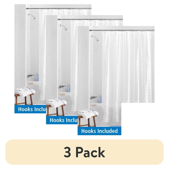 (3 pack) Mainstays Waterproof Oasis Striped PEVA Lightweight Shower Curtain and 12 Hooks, Frosted