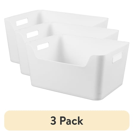 (3 pack) Mainstays X-Large Easy Access Bin, Versatile Open Plastic Storage Containers, Scoop Front, White